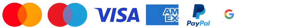 Mastercard, Maestro, Visa, American Express, PayPal, Google Pay, Apple Pay